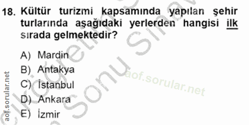 18. soru: Kültür turizmi kapsamında yapılan şehir turlarında aşağıdaki yerlerden hangisi ilk sırada gelmektedir? A) Mardin B)_…