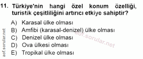 11. soru: Türkiye'nin hangi özel konum özelliği, turistik çeşitliliğini artırıcı etkiye sahiptir? A) Karasal ülke olması B) Amf…