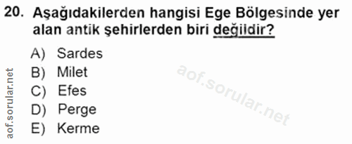 20. soru: Aşağıdakilerden hangisi Ege Bölgesinde yer alan antik şehirlerden biri değildir? A) Sardes B) Milet C) Efes D) Perge…