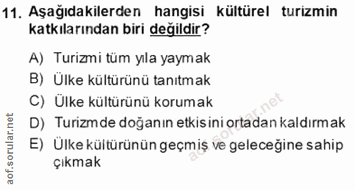11. soru: Aşağıdakilerden hangisi kültürel turizmin katkılarından biri değildir? A) Turizmi tüm yıla yaymak B) Ülke kültürünü t…