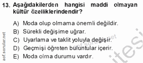 13. soru: Aşağıdakilerden hangisi maddi olmayan kültür özelliklerindendir? A) Moda olup olmama önemli değildir. B) Sürekli deği…