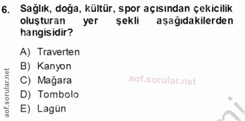 6. soru: Sağlık, doğa, kültür, spor açısından çekicilik oluşturan yer şekli aşağıdakilerden hangisidir? A) Traverten B) Kanyon…