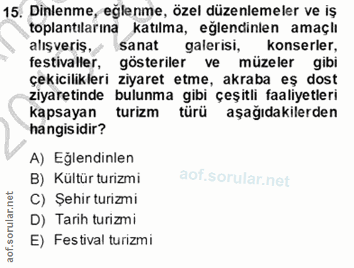 15. soru: Dinlenme, eğlenme, özel düzenlemeler ve iş toplantılarına katılma, eğlendinlen amaçlı alışveriş. sanat galerisi, kons…