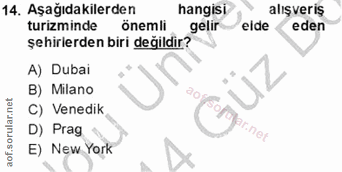 14. soru: Aşağıdakilerden hangisi alışveriş turizminde önemli gelir elde eden şehirlerden biri değildir? A) Dubai B) Milano C)…