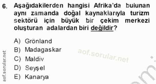 6. soru: Aşağıdakilerden hangisi Afrika'da bulunan aynı zamanda doğal kaynaklarıyla turizm sektörü için büyük bir çekim merkez…
