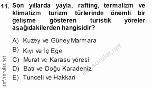 11. soru: Son yıllarda yayla, rafting, termalizm ve klimatizm turizm türlerinde önemli bir gelişme gösteren turistik yöreler aş…