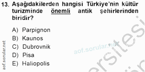 13. soru: Aşağıdakilerden hangisi Türkiye'nin kültür turizminde önemli l antik şehirlerinden biridir? A) Parpignon B) Kaunos so…