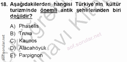 18. soru: Aşağıdakilerden hangisi Türkiye'nin kültür turizminde önemli antik şehirlerinden biri değidir? A) Phaselis B) Truva C…