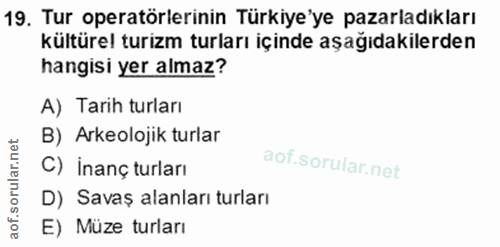 19. soru: Tur operatörlerinin Türkiye'ye pazarladıkları kültürel turizm turları içinde aşağıdakilerden hangisi yer almaz? A) Ta…