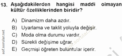 13. soru: Aşağıdakilerden hangisi maddi imayan kültür özelliklerinden biridir? A) Dinamizm daha azdır. B) Uyarlama ve taklit yo…
