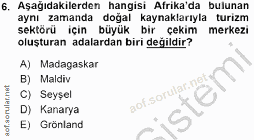6. soru: Aşağıdakilerden hangisi Afrika'da bulunan aynı zamanda doğal kaynaklarıyla turizm sektörü için büyük bir çekim merkez…