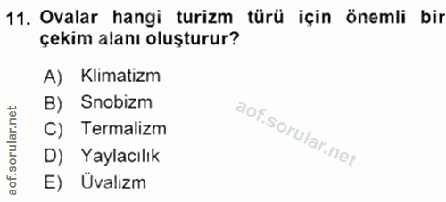 11. soru: Ovalar hangi turizm türü için önemli bir çekim alanı oluşturur? A) Klimatizm B) Snobizm C) Termalizm D) Yaylacılık E)…