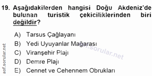 19. soru: Aşağıdakilerden hangisi Doğu Akdeniz'de bulunan turistik çekiciliklerinden biri değildir? A) Tarsus Çağlayanı B) Yedi…