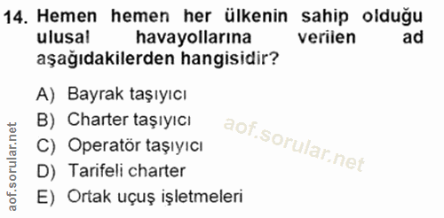 14. soru: Hemen hemen her ülkenin sahip olduğu ulusal havayollarına verilen ad aşağıdakilerden hangisidir? A) Bayrak taşıyıcı B…