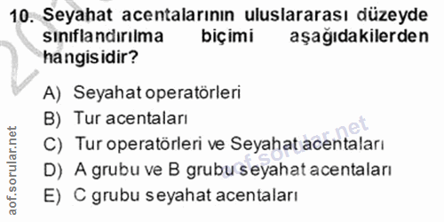 10. soru: Seyahat acentalarının uluslararası düzeyde sınıflandırılma biçimi aşağıdakilerden hangisidir? A) Seyahat operatörleri…