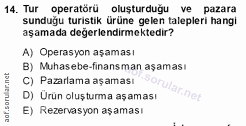 14. soru: Tur operatörü oluşturduğu ve pazara sunduğu turistik ürüne gelen talepleri hangi aşamada değerlendirmektedir? A) Oper…