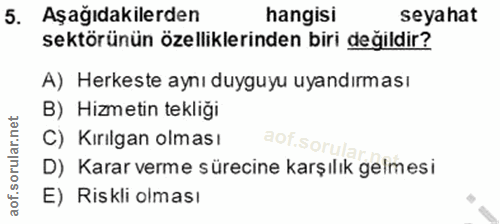 5. soru: Aşağıdakilerden hangisi seyahat sektörünün özelliklerinden biri değildir? A) Herkeste aynı duyguyu uyandırması B) Hiz…