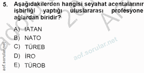5. soru: Aşağıdakilerden hangisi seyahat acentalarınır işbirligi yaptığı uluslararası profesyone ağlardan biridir? A) ATAN B)…