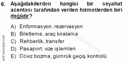 6. soru: Aşağıdakilerden hangisi bir seyahat acentası tarafından verilen hizmetlerden biri değildir? A) Enformasyon, rezervas…