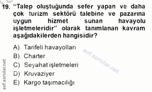 19. soru: "Talep oluştuğunda sefer yapan ve daha çok turizm sektörü talebine ve pazarına uygun hizmet sunan havayolu işletmeler…