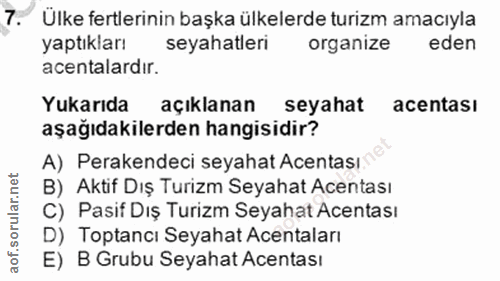 7. soru: Ulke fertlerinin başka ülkelerde turizm amacıyla yaptıkları seyahatleri organize eden acentalardır. Yukarıda açıklana…