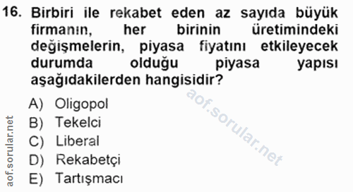 16. soru: Birbiri ile rekabet eden az sayıda büyük firmanin, her birinin üretimindeki değişmelerin, piyasa fiyatını etkileyecek…