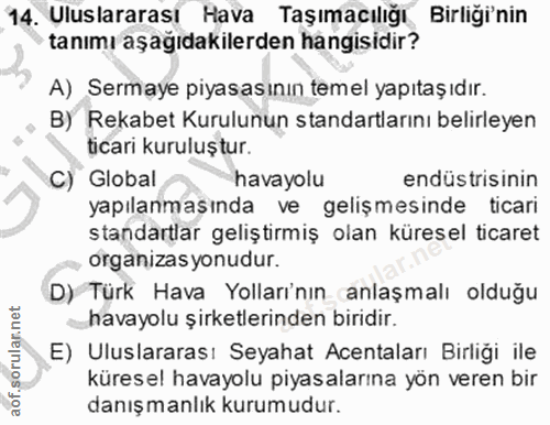 14. soru: Uluslararası Hava Taşımacılığı Birliği'nin tanımı aşağıdakilerden hangisidir? A) Sermaye piyasasının temel yapıtaş ıd…