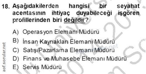 18. soru: Aşağıdakilerden hangisi bir seyahat acentasının ihtiyaç duyabileceği işgören. profillerinden biri değildir? A) Operas…