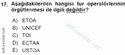 17. soru: Aşağıdakilerden hangisi tur operatörlerinin örgütlenmesi ile ilgili değildir? A) ETOA B) UNICEF C) TOl D) ECTAA E) USTOA