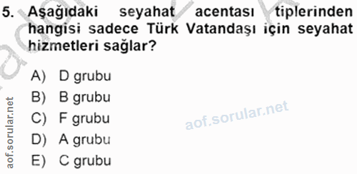 5. soru: Aşağıdaki seyahat acentası tiplerinden hangisi sadece Türk Vatandaşı için seyahat hizmetleri sağlar? A) D grubu B) B…