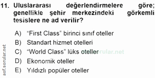 11. soru: Uluslararası değerlendirmelere gôre; genellikle şehir merkezindeki görkemli tesislere ne ad verilir? A) "First Class"…