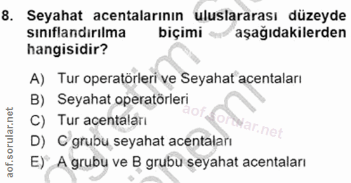 8. soru: Seyahat acentalarının uluslararası düzeyde sınıflandırılma biçimi aşağıdakilerden hangisidir? A) Tur operatörleri ve…