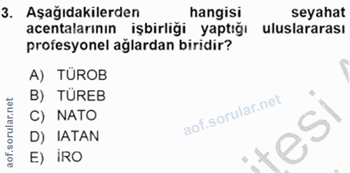 3. soru: Aşağıdakilerden hangisi seyahat acentalarının işbirliği yaptığı uluslararası profesyonel aglardan biridir? A) TUROB B…