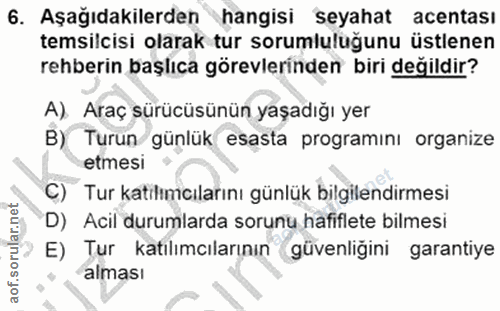 6. soru: Aşağıdakilerden hangisi seyahat acentası temsilcisi olarak tur sorumluluğunu üstlenen rehberin başlıca görevlerinden…