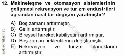 12. soru: Makineleşme ve otomasyon sistemlerinin gelişmesi rekreasyon ve turizm endüstrileri açısından nasıl bir değişim yaratm…
