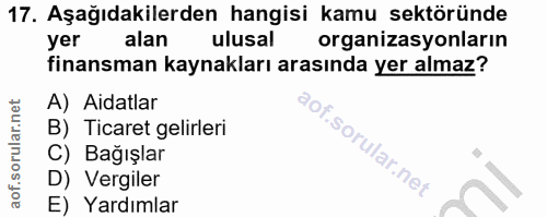 17. soru: Aşağıdakilerden hangisi kamu sektöründe yer alan ulusal organizasyonların finansman kaynakları arasında yer almaz? A)…
