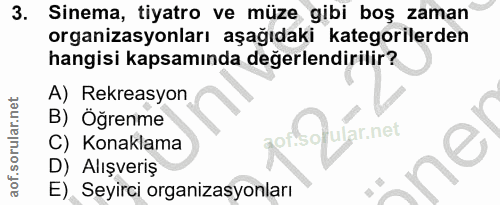 3. soru: Sinema, tiyatro ve müze gibi boş zaman organizasyonları aşağıdaki kategorilerden hangisi kapsamında değerlendirilir?…