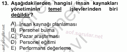 13. soru: Aşağıdakilerden hangisi insan kaynakları yönetiminin temel işlevlerinden biri değildir? A) Insan kaynağı planlaması B…