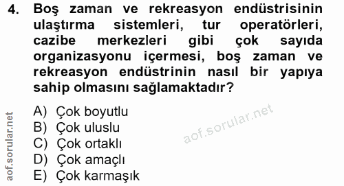 4. soru: Boş zaman ve rekreasyon endüstrisinin ulaştırma sistemleri, tur operatörleri, cazibe merkezleri gibi çok sayıda organ…