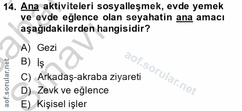14. soru: Ana aktiviteleri sosyalleşmek, evde yemek ve evde eğlence olan seyahatin ana amacı aşağıdakilerden hangisidir? A) Gez…