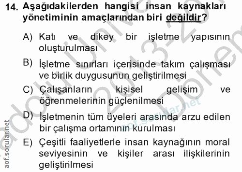 14. soru: Aşağıdakilerden hangisi_insan kaynakları yönetiminin amaçlarından biri değildir? A) Katı ve dikey bir işletme yapısın…