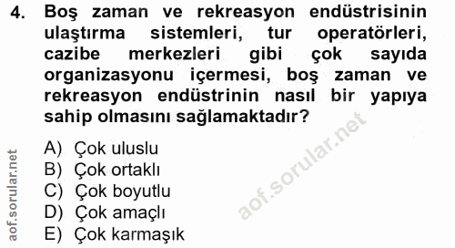 4. soru: Boş zaman ve rekreasyon endüstrisinin ulaştırma sistemleri, tur operatörleri, cazibe merkezleri gibi çok sayıda organ…