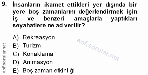 9. soru: Insanların ikamet ettikleri yer dışında bir yere boş zamanlarını değerlendirmek için is ve benzeri amaçlarla yaptıkla…
