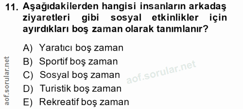 11. soru: Aşağıdakilerden hangisi insanların arkadaş ziyaretleri gibi sosyal etkinlikler için ayırdıkları boş zaman olarak tanı…