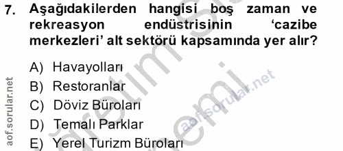 7. soru: Aşağıdakilerden hangisi boş zaman ve rekreasyon endüstrisinin 'cazibe merkezleri' alt sektörü kapsamında yer alır? A)…