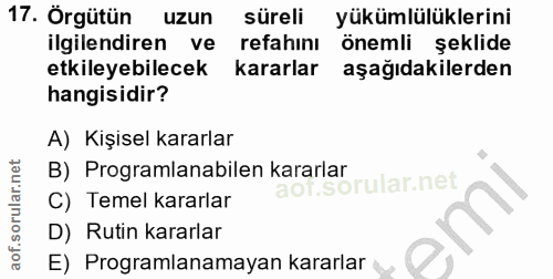 17. soru: Örgütün uzun süreli yükümlülüklerini ilgilendiren ve refahinı önemli şeklide etkileyebilecek kararlar aşağıdakilerden…