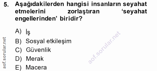 5. soru: Aşağıdakilerden hangisi insanların seyahat etmelerini zorlaştıran 'seyahat engellerinden' biridir? A) iş B) Sosyal et…