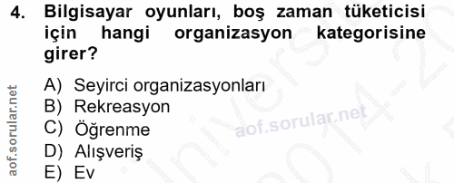 4. soru: Bilgisayar oyunları, boş zaman tüketicisi için hangi organizasyon kategorisine girer? A) Seyirci organizasyonları B)…