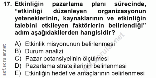 17. soru: Etkinliğin pazarlama planı sürecinde, "etkinliği düzenleyen organizasyonun yeteneklerinin, kaynaklarının ve etkinliği…