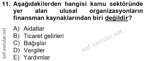 11. soru: Aşağıdakilerden hangisi kamu sektöründe yer alan ulusal organizasyonların finansman kaynaklarından biri değildir? A)…